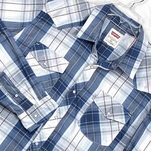 VTG Levis Pearl Snap Western Shirt Mens XL Blue White Plaid Cowboy Country Y2K
